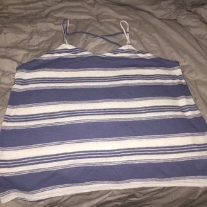 Blue and white striped crisscross back tank top